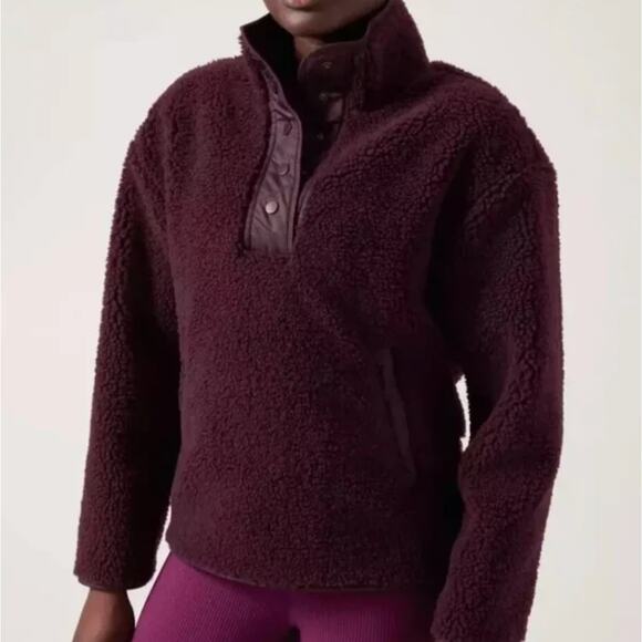 Athleta Cozy Sherpa Fleece Snap Sweatshirt Maroon Spiced Cabernet - Picture 1 of 4